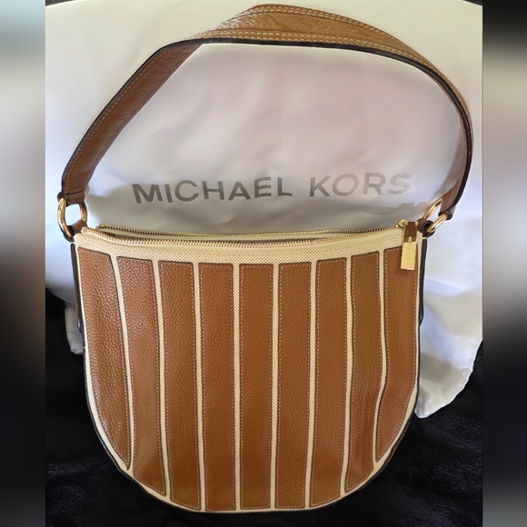 LIKE NEW Michael Kors Tan Leather and Cream Canvas Striped Bag - Picture 1 of 16